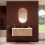 Rond naturel eiken wastafelmeubel 120 cm met groevenfront en mat witte solid surface wastafel