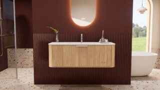 Rond naturel eiken wastafelmeubel 120 cm met groevenfront en mat witte solid surface wastafel