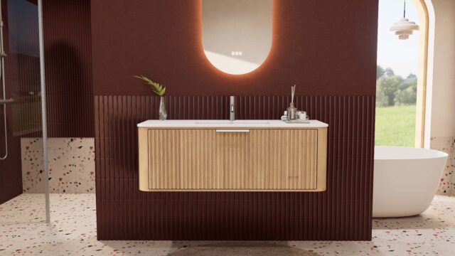 Rond naturel eiken wastafelmeubel 120 cm met groevenfront en mat witte solid surface wastafel