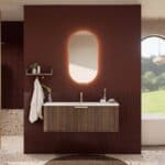Rond donker eiken badkamermeubel 120 cm met groevenfront en mat witte solid surface wastafel