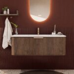 Rond donker eiken badkamermeubel 120 cm met groevenfront en mat witte solid surface wastafel