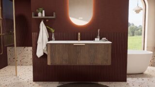 Rond donker eiken badkamermeubel 120 cm met groevenfront en mat witte solid surface wastafel