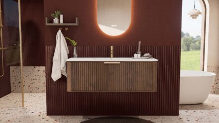 Rond donker eiken badkamermeubel 120 cm met groevenfront en mat witte solid surface wastafel