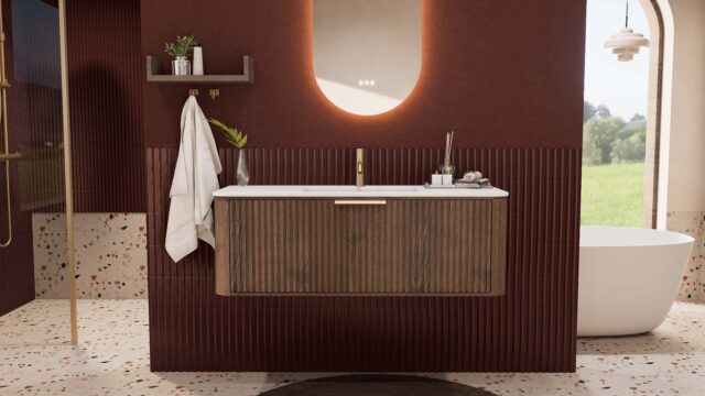 Rond donker eiken badkamermeubel 120 cm met groevenfront en mat witte solid surface wastafel
