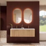 Rond naturel eiken badkamermeubel 140 cm met groevenfront en dubbele mat witte solid surface wastafel