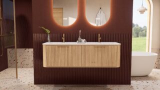 Rond naturel eiken badkamermeubel 140 cm met groevenfront en dubbele mat witte solid surface wastafel