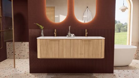 Rond naturel eiken badkamermeubel 140 cm met groevenfront en dubbele mat witte solid surface wastafel