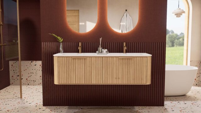 Rond naturel eiken badkamermeubel 140 cm met groevenfront en dubbele mat witte solid surface wastafel