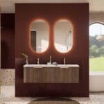 Rond donker eiken badkamermeubel 140 cm met groevenfront en dubbele mat witte solid surface wastafel