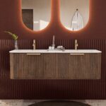 Rond donker eiken badkamermeubel 140 cm met groevenfront en dubbele mat witte solid surface wastafel