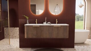 Rond donker eiken badkamermeubel 140 cm met groevenfront en dubbele mat witte solid surface wastafel