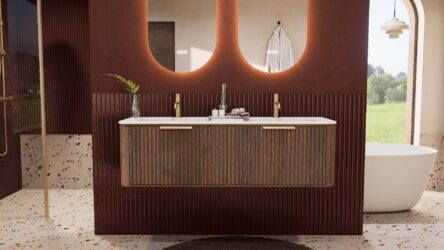 Rond donker eiken badkamermeubel 140 cm met groevenfront en dubbele mat witte solid surface wastafel