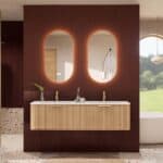 Rond hangend naturel eiken badkamermeubel 160 cm met groevenfront en dubbele mat witte solid surface wastafel