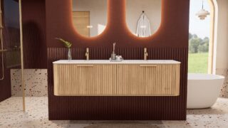 Rond hangend naturel eiken badkamermeubel 160 cm met groevenfront en dubbele mat witte solid surface wastafel