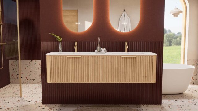 Rond hangend naturel eiken badkamermeubel 160 cm met groevenfront en dubbele mat witte solid surface wastafel