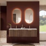 Rond hangend donker eiken badkamermeubel 160 cm met groevenfront en dubbele mat witte solid surface wastafel