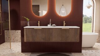 Rond hangend donker eiken badkamermeubel 160 cm met groevenfront en dubbele mat witte solid surface wastafel