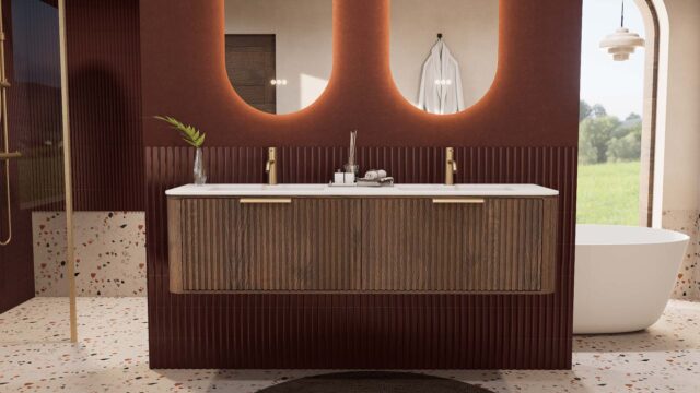 Rond hangend donker eiken badkamermeubel 160 cm met groevenfront en dubbele mat witte solid surface wastafel
