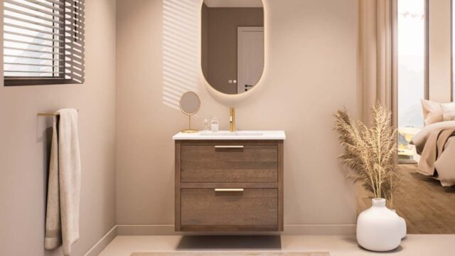 Hangend modern badmeubel 80 cm donker eiken met vlak front en twee softclose lades