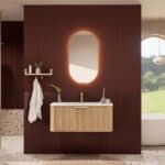 Rond naturel eiken badkamermeubel 100 cm met groevenfront en mat witte solid surface wastafel