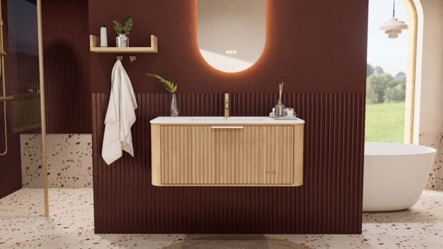 Rond naturel eiken badkamermeubel 100 cm met groevenfront en mat witte solid surface wastafel