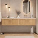 Hangend naturel eiken badkamermeubel 140 cm met twee lades en dubbele mat witte mineraalstenen wastafel