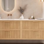 Hangend naturel eiken badkamermeubel 160 cm met één lade en dubbele mat witte mineraalstenen wastafel