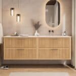 Hangend naturel eiken badkamermeubel 160 cm met twee lades en dubbele mat witte mineraalstenen wastafel