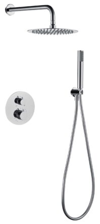Moderne thermostatische inbouwdoucheset in chroom met een hoofddouche van Ø25 cm en een losse handdoucheset. Uitgevoerd met muuraansluiting. Verkrijgbaar in 6 kleuren en geleverd met 5 jaar garantie. Kenmerkend voor de Toscana serie is het gedraaide