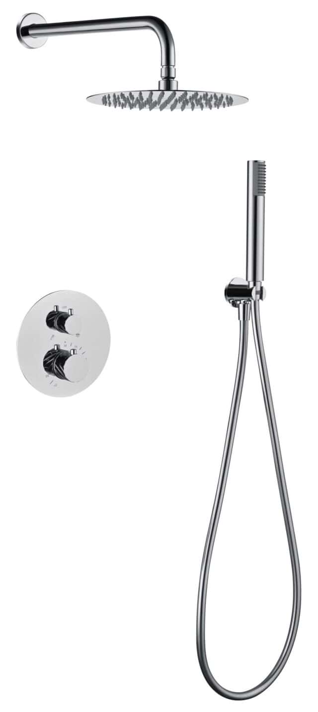 Moderne thermostatische inbouwdoucheset in chroom met een hoofddouche van Ø25 cm en een losse handdoucheset. Uitgevoerd met muuraansluiting. Verkrijgbaar in 6 kleuren en geleverd met 5 jaar garantie. Kenmerkend voor de Toscana serie is het gedraaide