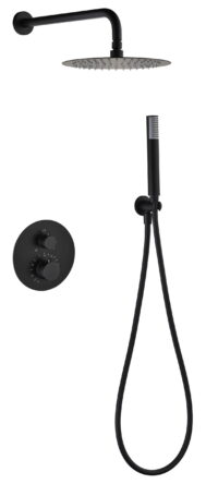 Stijlvolle thermostatische inbouwdoucheset in mat zwart, een hoofddouche van Ø25 cm en een losse handdoucheset. Uitgevoerd met muuraansluiting. Verkrijgbaar in 6 kleuren en geleverd met 5 jaar garantie. Kenmerkend voor de Toscana serie is het gedraai