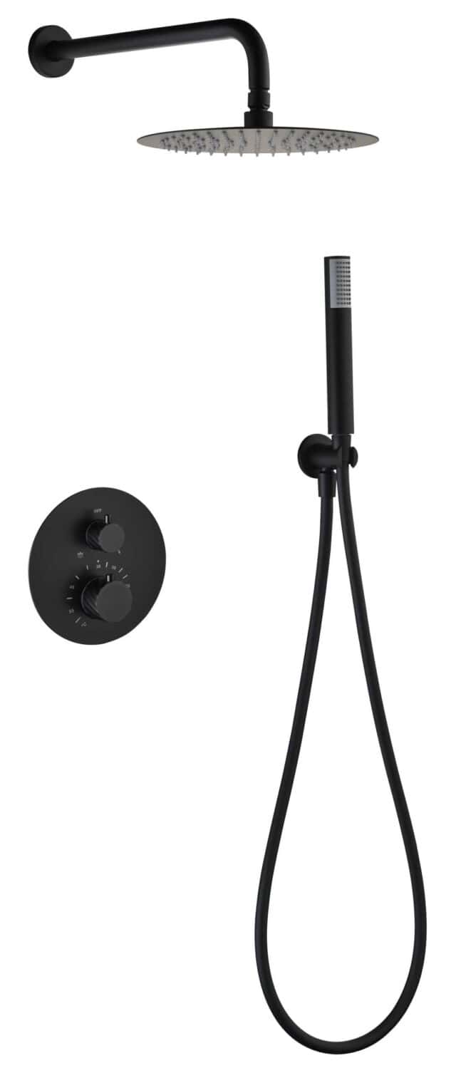 Stijlvolle thermostatische inbouwdoucheset in mat zwart, een hoofddouche van Ø25 cm en een losse handdoucheset. Uitgevoerd met muuraansluiting. Verkrijgbaar in 6 kleuren en geleverd met 5 jaar garantie. Kenmerkend voor de Toscana serie is het gedraai