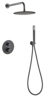 Luxe thermostatische inbouwdoucheset in Black Gun Metal met PVD-coating, een hoofddouche van Ø25 cm en een losse handdoucheset. Uitgevoerd met muuraansluiting. Verkrijgbaar in 6 kleuren en geleverd met 5 jaar garantie. Kenmerkend voor de Toscana seri