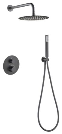 Luxe thermostatische inbouwdoucheset in Black Gun Metal met PVD-coating, een hoofddouche van Ø25 cm en een losse handdoucheset. Uitgevoerd met muuraansluiting. Verkrijgbaar in 6 kleuren en geleverd met 5 jaar garantie. Kenmerkend voor de Toscana seri