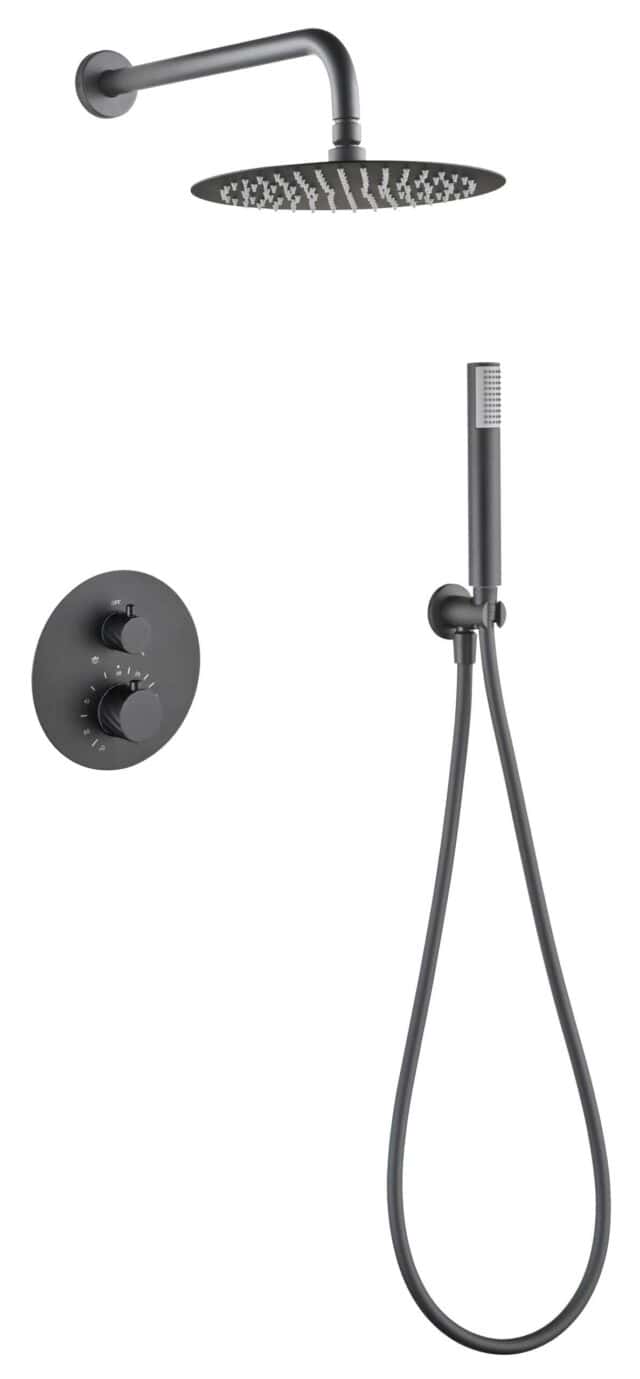 Luxe thermostatische inbouwdoucheset in Black Gun Metal met PVD-coating, een hoofddouche van Ø25 cm en een losse handdoucheset. Uitgevoerd met muuraansluiting. Verkrijgbaar in 6 kleuren en geleverd met 5 jaar garantie. Kenmerkend voor de Toscana seri