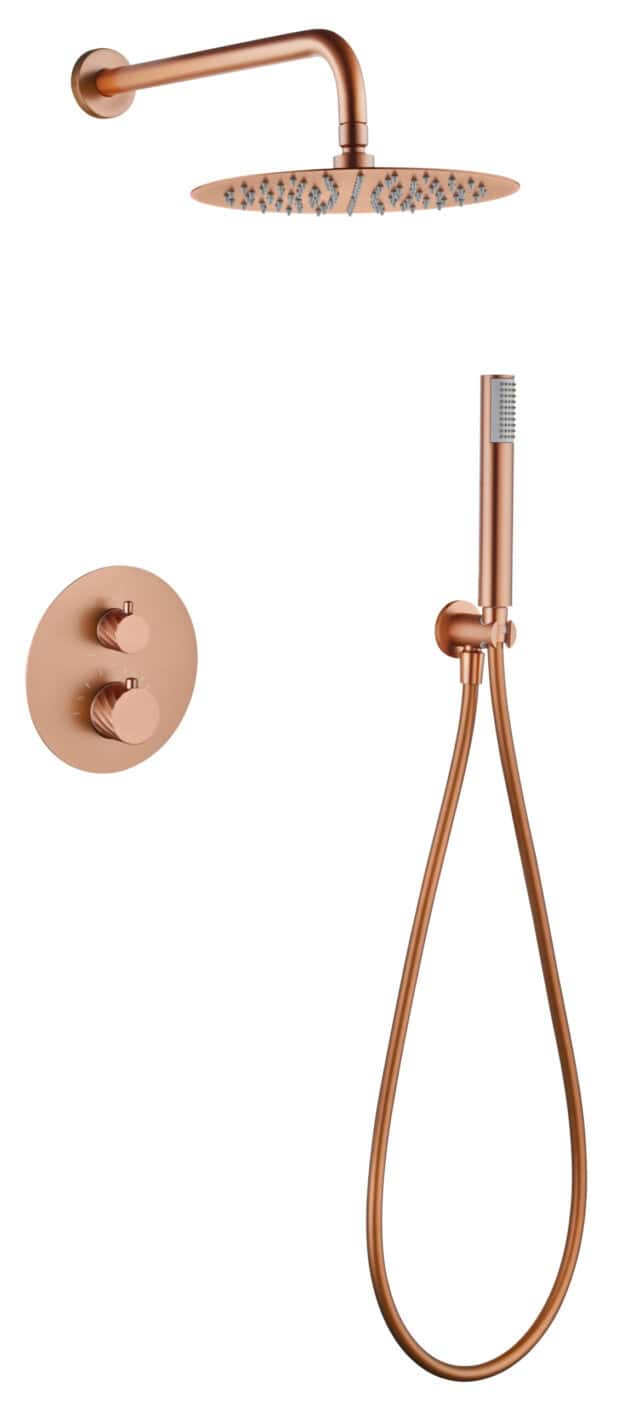 Stijlvolle thermostatische inbouwdoucheset in geborsteld koper met PVD-coating, een hoofddouche van Ø25 cm en een losse handdoucheset. Uitgevoerd met muuraansluiting. Verkrijgbaar in 6 kleuren en geleverd met 5 jaar garantie. Kenmerkend voor de Tosca