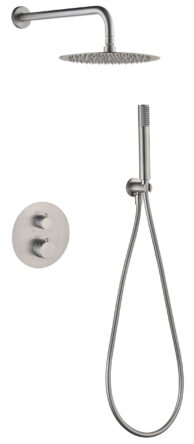 Moderne thermostatische inbouwdoucheset in geborsteld nikkel, voorzien van een hoofddouche van Ø25 cm en een losse handdoucheset. Uitgevoerd met muuraansluiting. Verkrijgbaar in 6 kleuren en geleverd met 5 jaar garantie. Kenmerkend voor de Toscana se