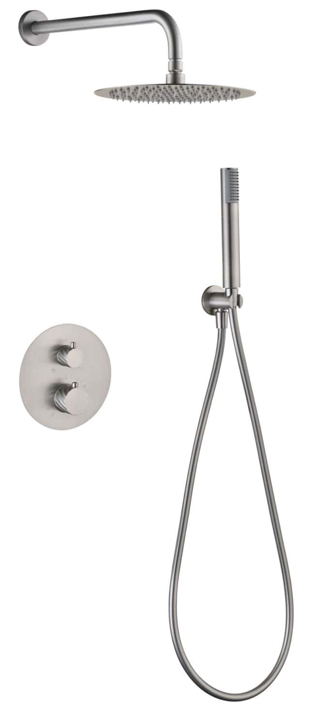 Moderne thermostatische inbouwdoucheset in geborsteld nikkel, voorzien van een hoofddouche van Ø25 cm en een losse handdoucheset. Uitgevoerd met muuraansluiting. Verkrijgbaar in 6 kleuren en geleverd met 5 jaar garantie. Kenmerkend voor de Toscana se