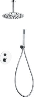 Moderne thermostatische inbouwdoucheset in chroom met een hoofddouche van Ø25 cm en een losse handdoucheset. Uitgevoerd met plafondaansluiting. Verkrijgbaar in 6 kleuren en geleverd met 5 jaar garantie. Kenmerkend voor de Toscana serie is het gedraai
