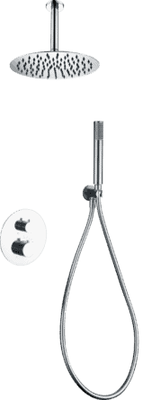 Moderne thermostatische inbouwdoucheset in chroom met een hoofddouche van Ø25 cm en een losse handdoucheset. Uitgevoerd met plafondaansluiting. Verkrijgbaar in 6 kleuren en geleverd met 5 jaar garantie. Kenmerkend voor de Toscana serie is het gedraai
