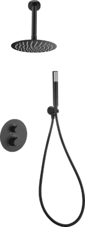 Stijlvolle thermostatische inbouwdoucheset in mat zwart, een hoofddouche van Ø25 cm en een losse handdoucheset. Uitgevoerd met plafondaansluiting. Verkrijgbaar in 6 kleuren en geleverd met 5 jaar garantie. Kenmerkend voor de Toscana serie is het gedr