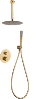 Thermostatische inbouwdoucheset in geborsteld goud met PVD-coating, voorzien van een hoofddouche van Ø25 cm en een losse handdoucheset. Uitgevoerd met plafondaansluiting. Verkrijgbaar in 6 kleuren en geleverd met 5 jaar garantie. Kenmerkend voor de T