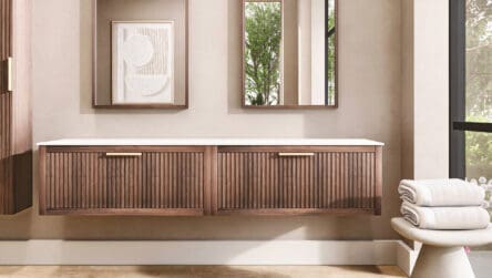 Modern hangend wastafelmeubel 200 cm eiken met ribbelfront, solid surface en twee ronde witte waskommen