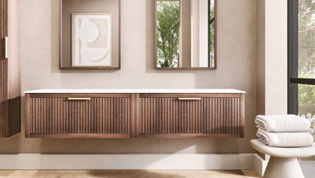 Modern hangend wastafelmeubel 200 cm eiken met ribbelfront, solid surface en twee ronde witte waskommen
