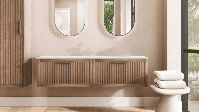 Hangend eiken badkamermeubel 160 cm met twee lades en grijs limestone blad met twee waskommen
