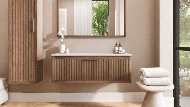 Hangend houten badkamermeubel 120 cm met één lade en grijs limestone blad met één waskom