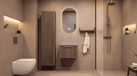 Hangend eiken badkamermeubel 60 cm met één lade en grijs limestone blad met keramische waskom
