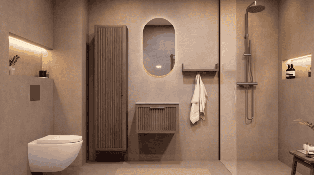 Hangend eiken badkamermeubel 60 cm met één lade en grijs limestone blad met keramische waskom