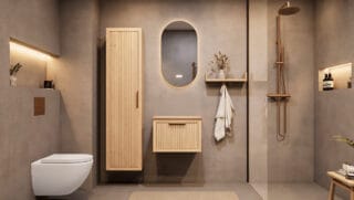 Modern hangend eiken badkamermeubel 60 cm met ribbelfront, één lade en limestone blad met keramische waskom