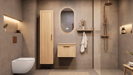 Modern hangend eiken badkamermeubel 60 cm met ribbelfront, één lade en limestone blad met keramische waskom